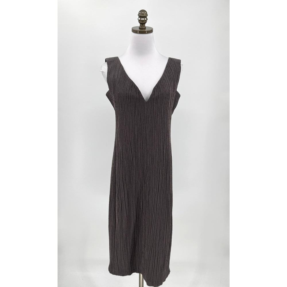 Vintage 90s Neil Bieff Brown Textured Herringbone Sleeveless Midi Sheath Dress